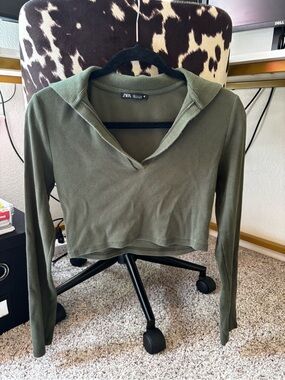 Zara Olive Ribbed Long-Sleeve Cropped Polo Top